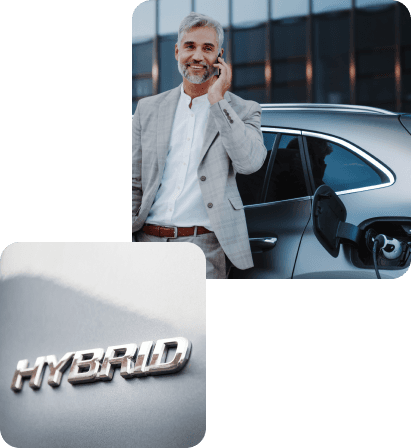 Collage of a man on the phone and a hybird vehicle badge
