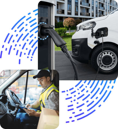 Collage on an electric van charging and a delivery driver inside the cab