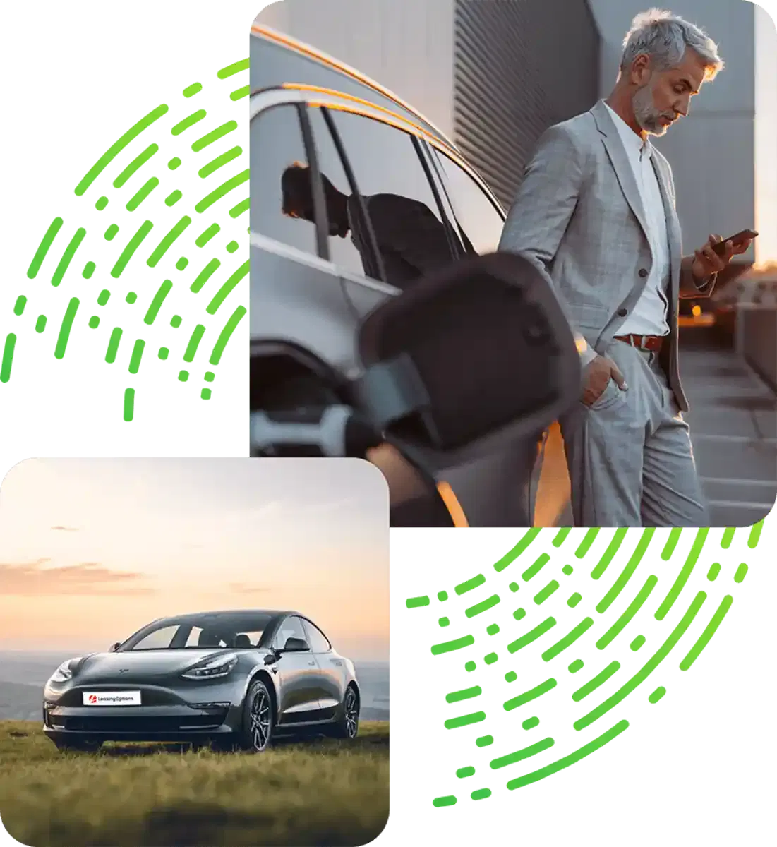 Collage of a Tesla and man standing beside a charging car