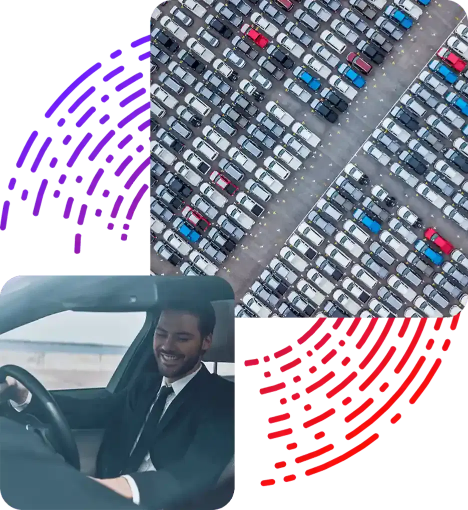Collage of vehicles lined up in a parking lot and also a driver within a vehicle
