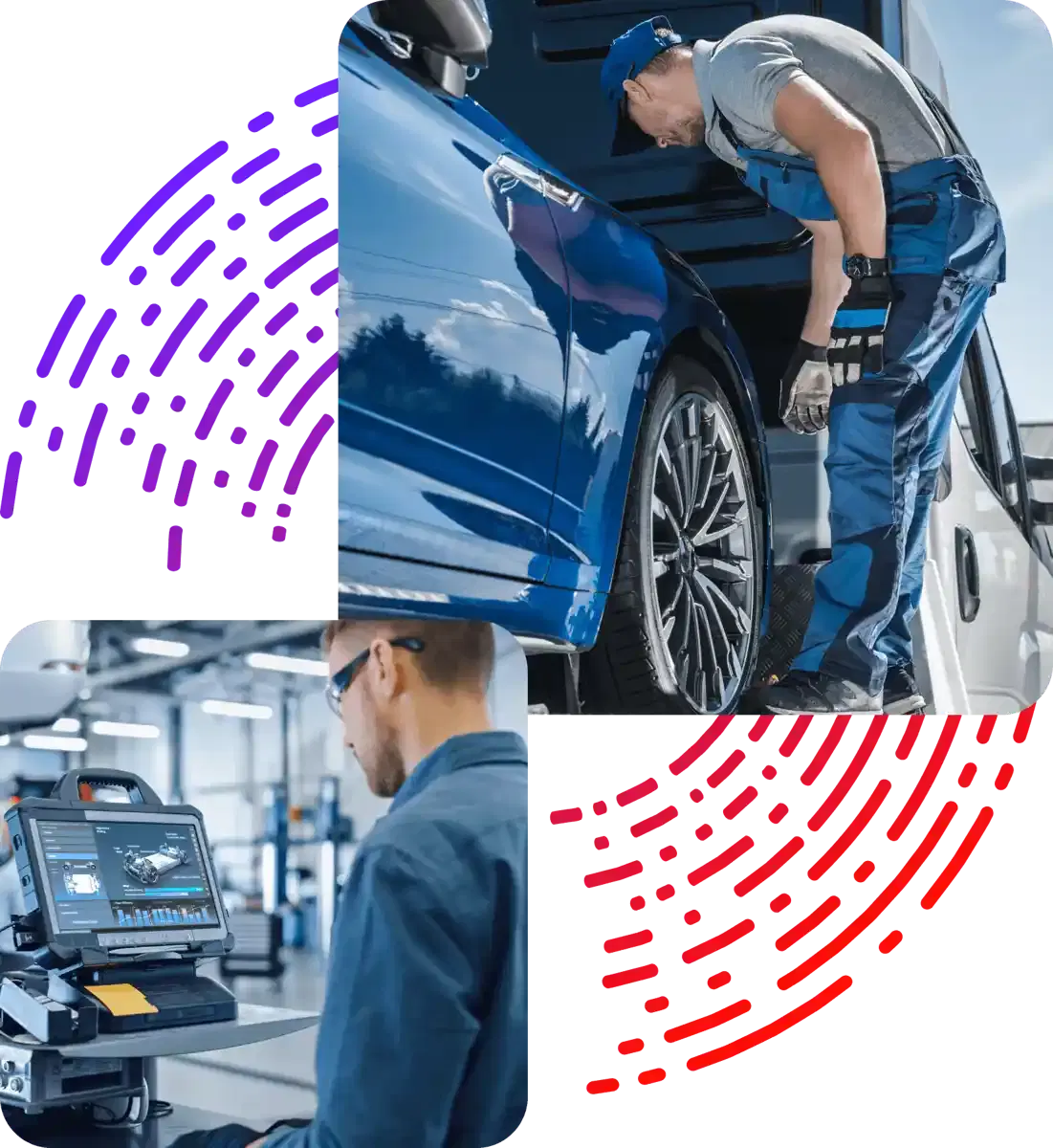 Collage of mechanics working on vehicles